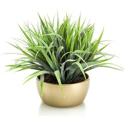 Kunstplant - siergras - groen - in gouden pot - 33 cm - Kunstplanten