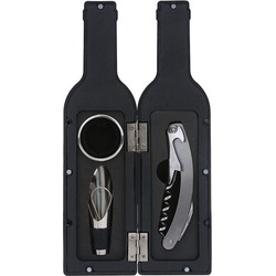 Decopatent® 4-Delige Luxe Wijnset in Wijnfles vorm - Wijn fles accessoires Set - Wine tools - Wijn Kurken trekker - In Luxe Fles opbergbox - Cadeau set