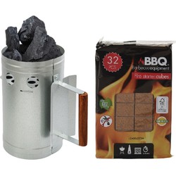 BBQ briketten/houtskool starter met houten handvat 27 cm met 32x BBQ aanmaakblokjes - Brikettenstarters