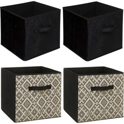 Set van 4x stuks opbergmanden/kastmanden 29 liter zwart/creme polyester 31 x 31 x 31 cm - Opbergmanden