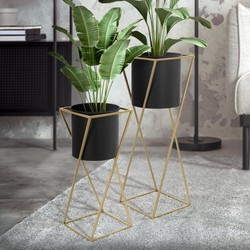 Set van 3 bloemenstandaards met plantenbak 21x21x51 / 24x24x70,5 cm zwart/goud gemaakt van staal ML-Design