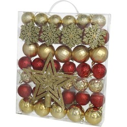 Gerimimport Kerstballen set - met ster piek 57-delig - kunststof - rood/goud - Kerstbal