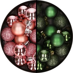 34x stuks kunststof kerstballen roze en donkergroen 3 cm - Kerstbal