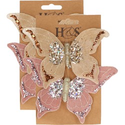 4x stuks kunststof decoratie vlinders op clip roze en beige 10 x 15 cm - Kunstbloemen