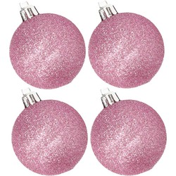 4x stuks kunststof glitter kerstballen roze 10 cm - Kerstbal