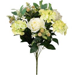 Louis Maes Kunstbloemen boeket rozen/hortensia met bladgroen - creme wit/geel - H52 cm - Bloemstuk - Kunstbloemen