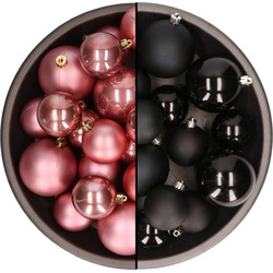 Kerstversiering kunststof kerstballen mix zwart/oud roze 4-6-8 cm pakket van 68x stuks - Kerstbal