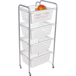 Artex Keuken/badkamer trolley met manden - groente/spullen - 4 lagen - 37 x 31 x 86 cm - zilver/wit - Opberg trolley