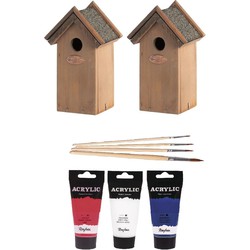 2x Houten vogelhuisje/nestkastje 22 cm - rood/wit/blauw Dhz schilderen pakket - Vogelhuisjes