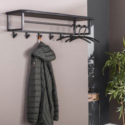 Hoyz - Kapstok Yucon - 6 Haken - Hoedenplank -  Massief Acaciahout - Zwart - 100x30x27