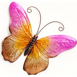 Anna's Collection Wanddecoratie vlinder - roze - 44 x 32 cm - metaal - muurdecoratie/schutting - Tuinbeelden
