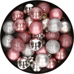 28x stuks kunststof kerstballen zilver en oudroze mix 3 cm - Kerstbal