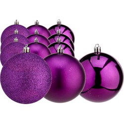 Krist+ Kerstballen - 12x st - paars - kunststof - 8 cm - glitter-glans-mat - Kerstbal