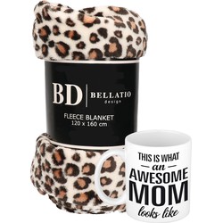 Cadeau moeder set - Fleece plaid/deken luipaard print met Awesome Mom mok - Plaids