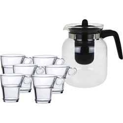 Glazen theepot met filter/infuser van 1,5 liter met 6x stuks theeglazen van 220 ml - Theepotten