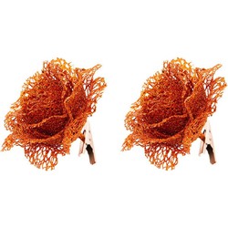 2x Glitter bloemen op clip oranje 10 cm feestversiering - Kunstbloemen