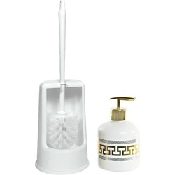 Toiletborstel met houder - Zeeppompje - kunststof/keramiek - wit/goud - Badkameraccessoireset