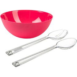 Salade serveer schaal - roze - kunststof - Dia 25 cm - inclusief sla couvert/bestek - Serveerschalen