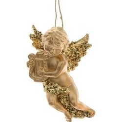 Kerst hangdecoratie gouden engeltje met harp muziekinstrument 10 cm - Kersthangers