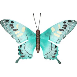 Turquoise blauw/zwarte metalen tuindecoratie vlinder 37 cm - Tuinbeelden