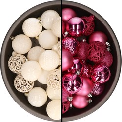 Kerstballen - 74x stuks - wol wit en fuchsia roze - 6 cm - kunststof - Kerstbal