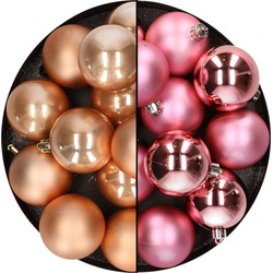 Kunststof kerstballen 6 cm - 24x stuks - lichtbruin en roze - Kerstbal