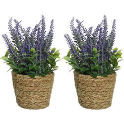 2x lavendel kunstplant in gevlochten plantenmand - paars - D12 x H26 cm - Kunstplanten