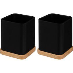 5Five tandenborstelhouder/organizer - 2x stuks - zwart - 10 x 8 cm - bamboe - tandenborstel beker - Tandenborstelhouders