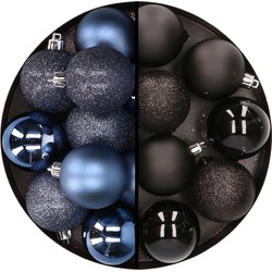 24x stuks kunststof kerstballen mix van donkerblauw en zwart 6 cm - Kerstbal