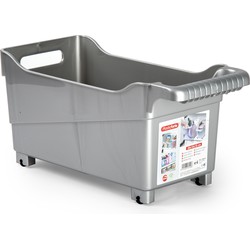 Plasticforte opberg Trolley Container - zilver - op wieltjes - L38 x B18 x H18 cm - kunststof - Opberg trolley