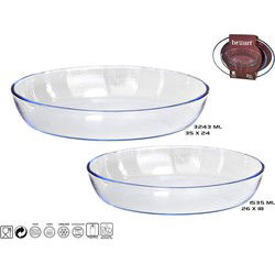2 Glazen ovenschalen/serveerschalen rond/ovaal 26 en 35 cm  - Ovenschotel oven serveerschaal van glas