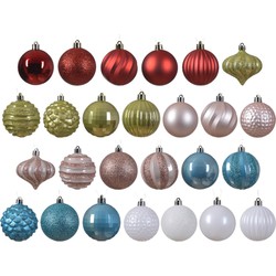 Decoris gedecoreerde kerstballen - 30x -plastic - gekleurd- 7cm - Kerstbal