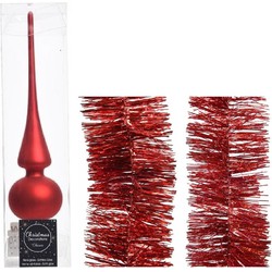 Kerstversiering glazen piek mat 26 cm en folieslingers pakket rood van 3x stuks - kerstboompieken