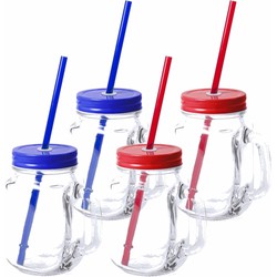 8x stuks drink potjes van glas Mason Jar blauw/rood 500 ml - Drinkbekers