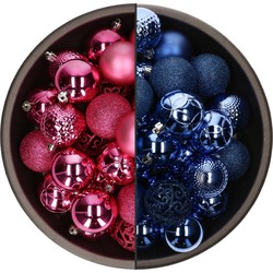 74x stuks kunststof kerstballen mix van fuchsia roze en kobalt blauw 6 cm - Kerstbal