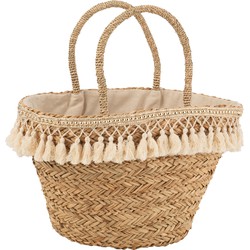 J-line - Strandtas Kwastjes Wit Riet Naturel - 49x24x46cm