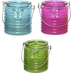 Citronella kaars - in windlicht - 3x - blauw/roze en groen - 20 branduren - citrusgeur - geurkaarsen