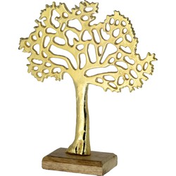 Decoratie levensboom van aluminium op houten voet 30 cm goud - Beeldjes