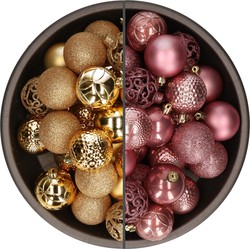 74x stuks kunststof kerstballen mix van goud en oudroze 6 cm - Kerstbal
