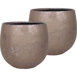 Set van 2x stuks bloempot/plantenpot schaal van keramiek glanzend brons kleur motief D15/13 cm en H1 - Plantenpotten