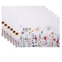 Clayre & Eef Placemats Set van 6  48x33 cm Wit Groen Katoen Rechthoek Bloemen Tafelmat