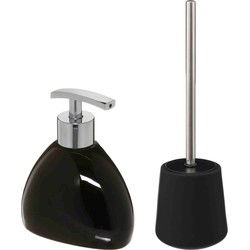 WC-/toiletborstel en houder - zandsteen zwart - met zeeppompje - Badkameraccessoireset