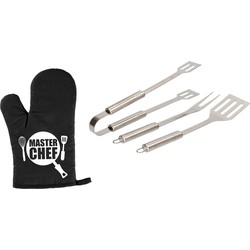 Barbecue/bbq gereedschap 3-delige set 33 cm van RVS met BBQ handschoen Masterchef - Barbecuegereedschapset