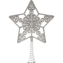 Kunststof kerstboom open ster piek glitter zilver 20 cm - kerstboompieken