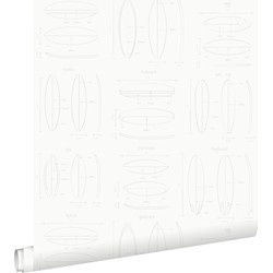 ESTAhome behang technische tekeningen van surfplanken wit en zilver - 0,53 x 10,05 m - 128869