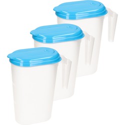3x stuks waterkan/sapkan transparant/blauw met deksel 1.6 liter kunststof - Schenkkannen