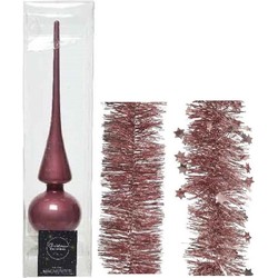 Kerstversiering glazen piek glans 26 cm en folieslingers pakket oud roze van 3x stuks - kerstboompieken