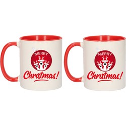 2x stuks kerstcadeau kinder mokken/bekers rood Merry Christmas rode kerstbal met rendieren 300 ml - Bekers