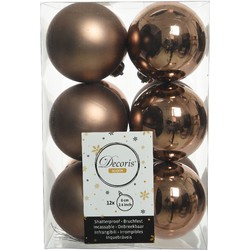 12x stuks kunststof kerstballen walnoot bruin 6 cm glans/mat - Kerstbal