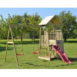 Wendi Toys Houten Speeltoren Flamingo | met Glijbaan, Klimwand, 2 Schommels & Picknicktafel | 280x340x270 cm